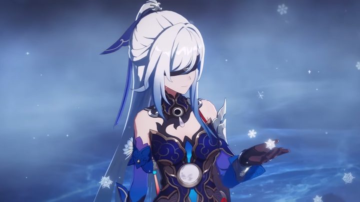 Jingliu with crescent moon blindfold and falling snow