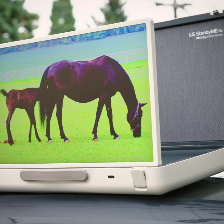 A horse and colt graze in a field displayed on an LG StanbyMe Go.