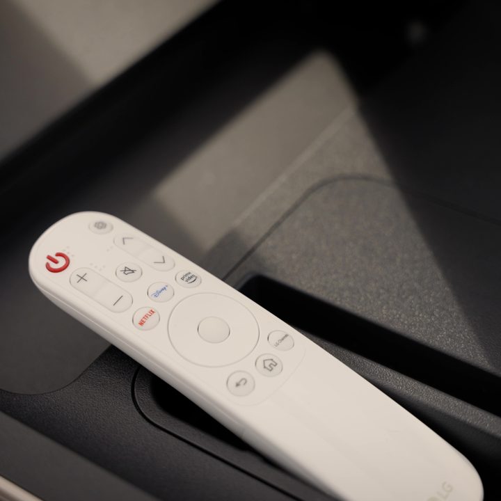 The remote control to an LG StanbyMe Go.