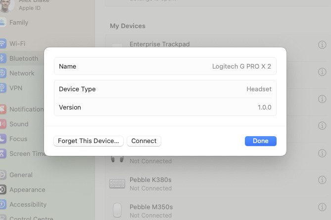 The System Settings app in macOS Sonoma, with an option to forget a connected Bluetooth device.