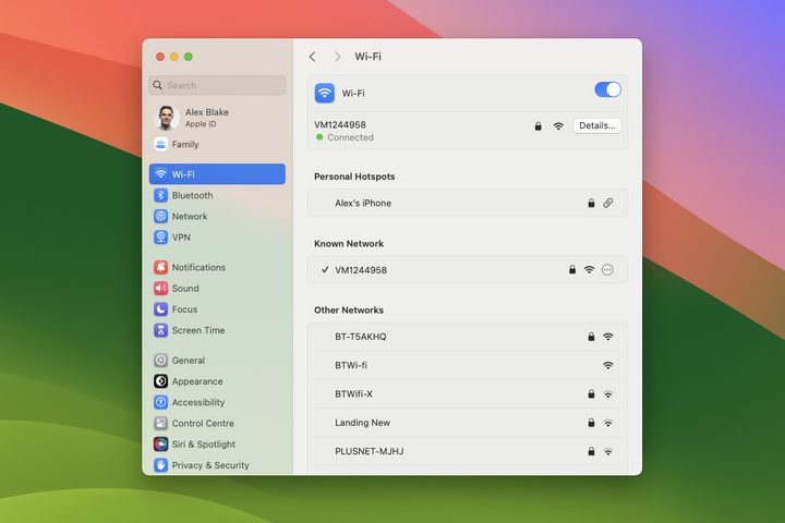 The Wi-Fi page in macOS Sonoma's System Settings app.