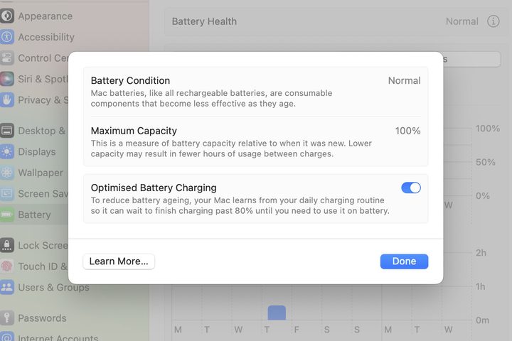 The battery health screen in macOS Sonoma's System Settings app.