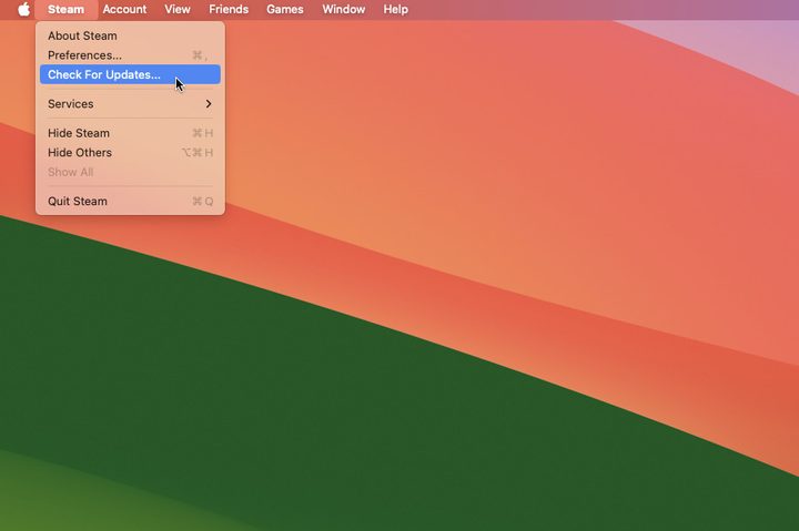 A user selecting the Check For Updates option in Steam's menu bar item in macOS Sonoma.