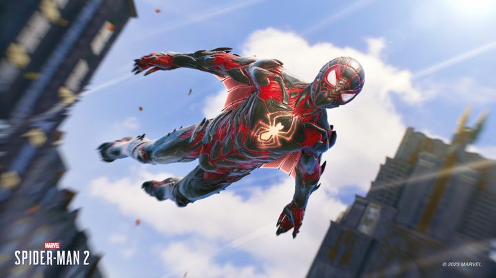 Spider-Man soars through the air in a biomechanical suit in Marvel's Spider-Man 2.