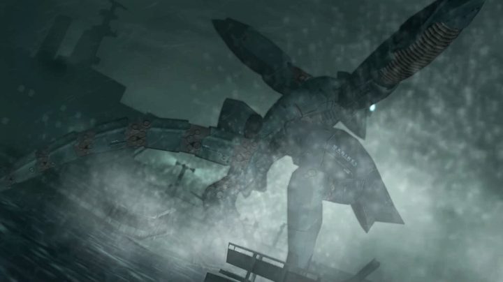 A mech jumps into water in Metal Gear Solid 2: Sons of Liberty.