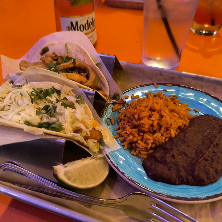 Photo of a tray of tacos, rice, and beans, taken with the Motorola Edge (2023).