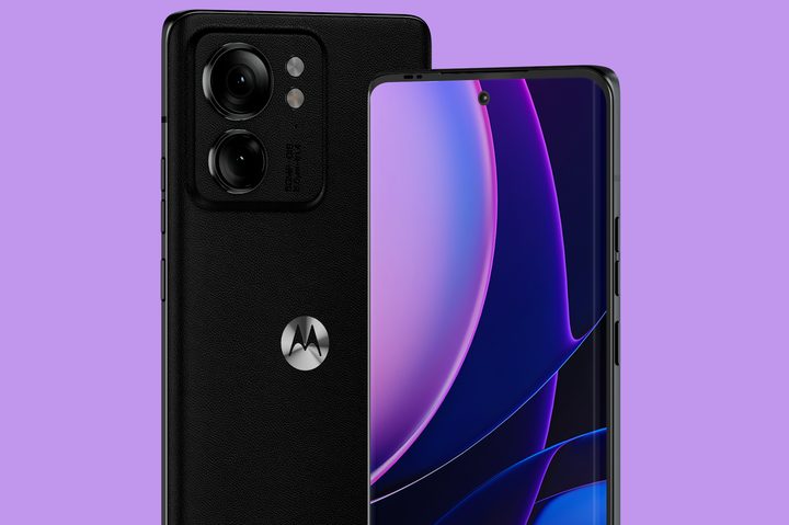 A close-up view of the front and back of the Motorola Edge (2023) against a purple background.