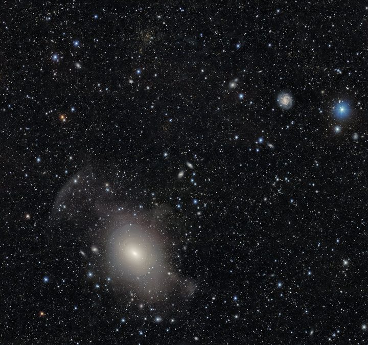 The symmetrical, onion-like layers of shell galaxy NGC 3923 are showcased in this galaxy-rich image taken by the US Department of Energy’s (DOE) Dark Energy Camera mounted on the National Science Foundation’s (NSF) Víctor M. Blanco 4-meter Telescope at Cerro Tololo Inter-American Observatory in Chile, a Program of NSF’s NOIRLab. A nearby, massive galaxy cluster is also captured exhibiting the phenomenon known as gravitational lensing.