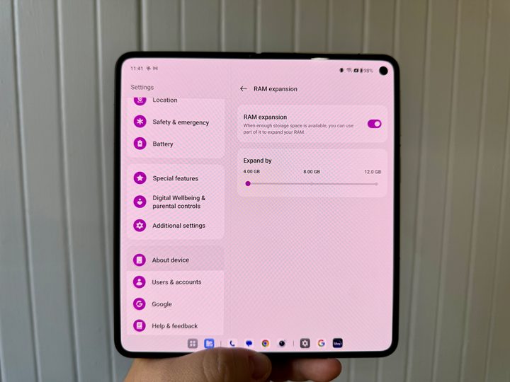 OnePlus Open in Emerald Dusk open on inner display showing RAM Expansion feature.