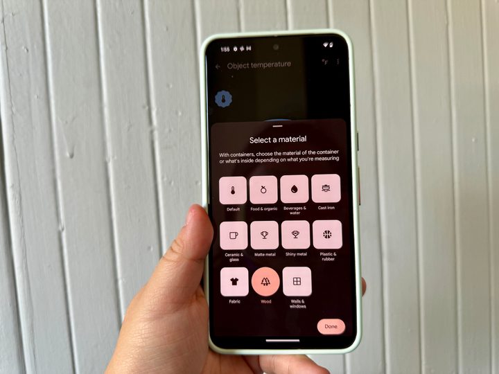 Google Pixel 8 Pro Temperature app showing different materials you can measure.