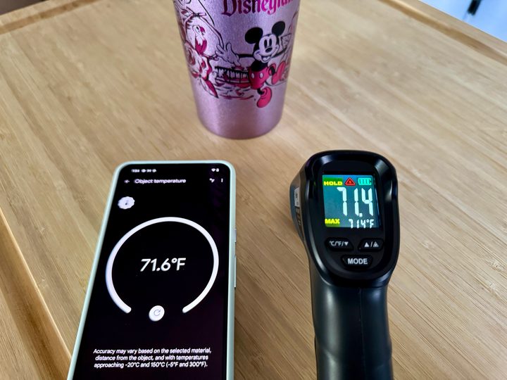 Google Pixel 8 Pro temperature reading compared to an infrared temperature gun.