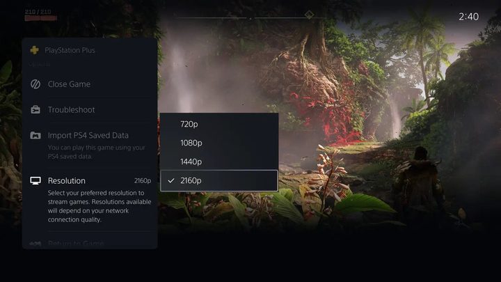 A PS5 menu shows cloud streaming resolution options.