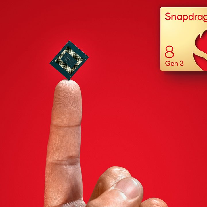 A render of the Qualcomm Snapdragon 8 Gen 3 sitting on top of someone's fingertip.