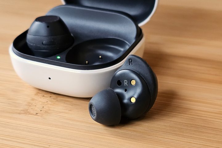 Samsung Galaxy Buds FE: Right bud in front of case.