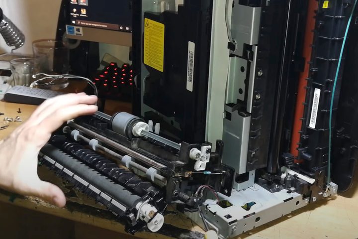 Inside the guts of a laser printer.
