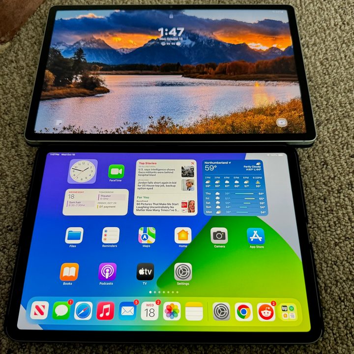 A Samsung Galaxy Tab S9 FE+ above a 11-inch iPad Pro.