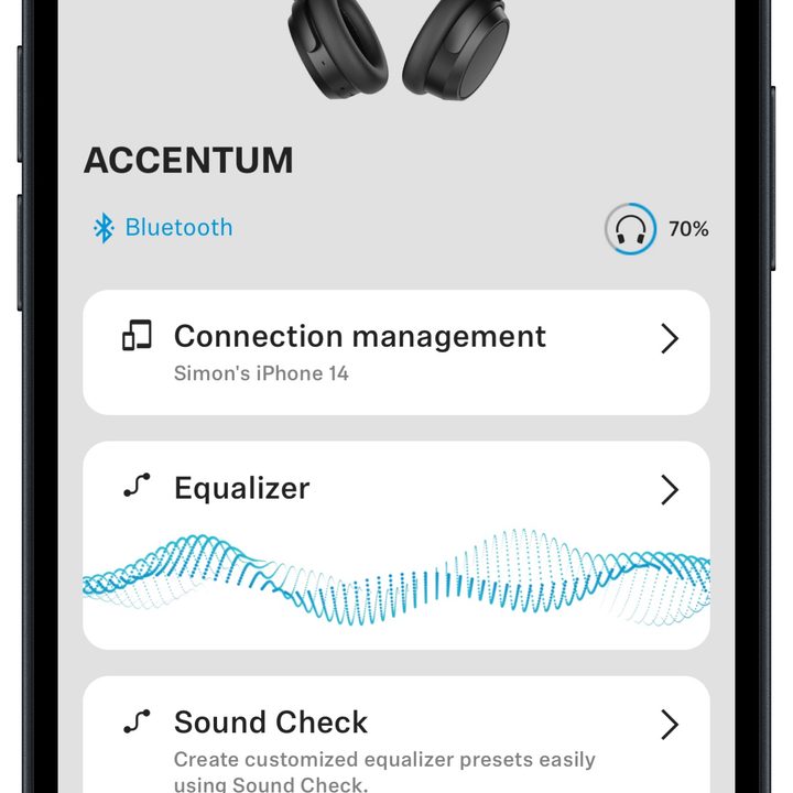 Sennheiser Smart Control app for iOS on an iPhone 14: home page screen, upper portion.