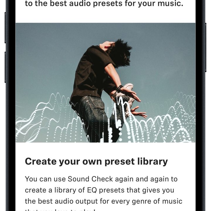 Sennheiser Smart Control app for iOS on an iPhone 14: My Sound Check screen.