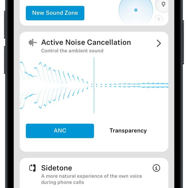 Sennheiser Smart Control app for iOS on an iPhone 14: home page screen, lower portion.
