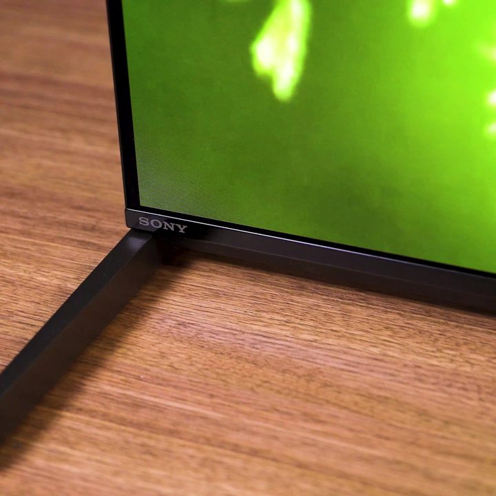 The foot and bottom corner of a Sony A95L QD-OLED TV.