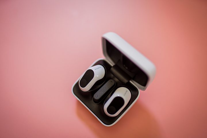 The Sony InZone Buds on a pink background.