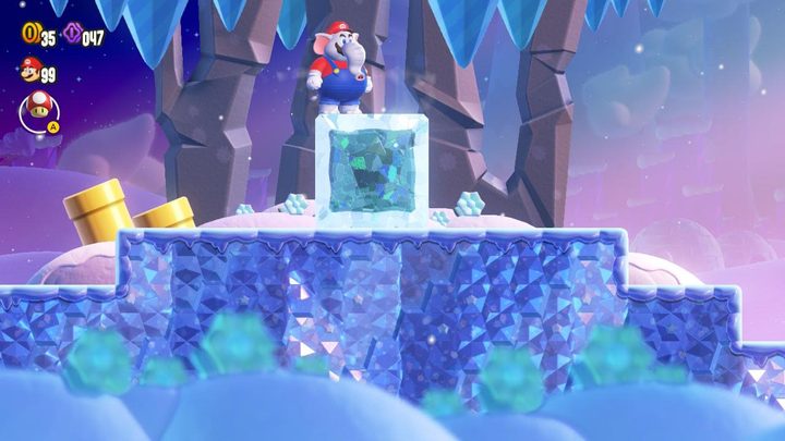 Elephant Mario stands on an ice block in Super Mario Bros. Wonder.