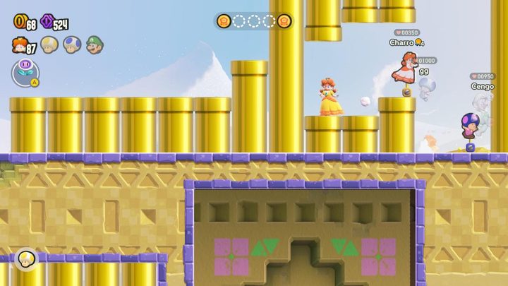 Players stand with standees in Super Mario Bros. Wonder.