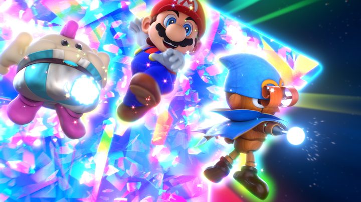 Mallow, Mario, and Geno leap in the air in Super Mario RPG.