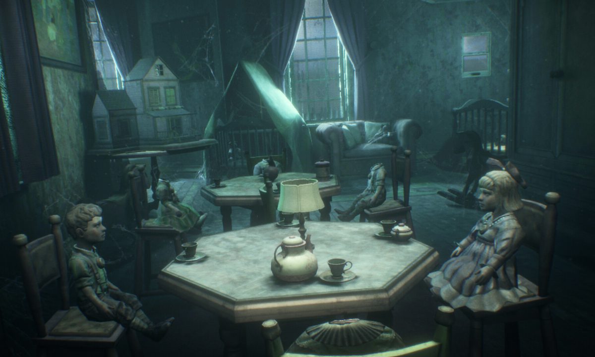 Dolls sit at a table in The 7th Guest VR.