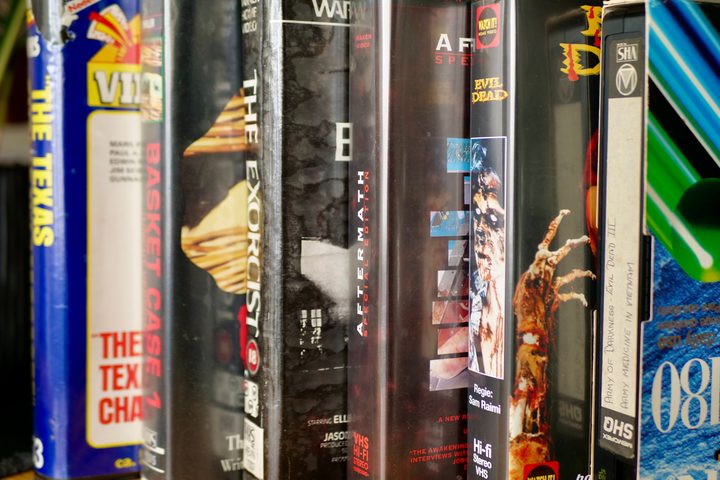 VHS cassette boxes lined up.