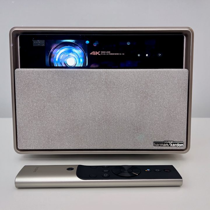 The front of the The Xgimi Horizon Ultra projector with the lamp on.
