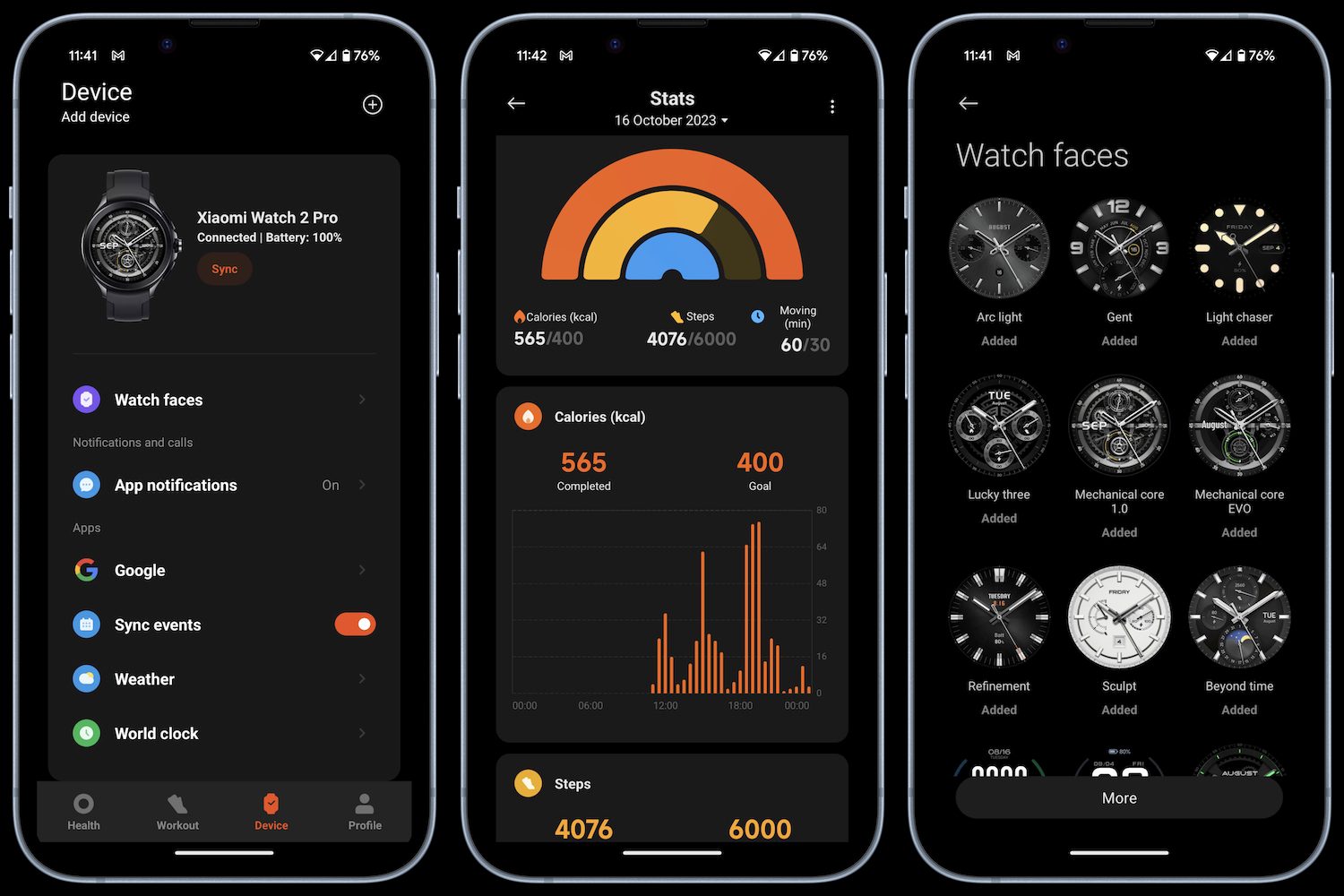 Screenshots taken from the Mi Fitness app, connected to the Xiaomi Watch 2 Pro.