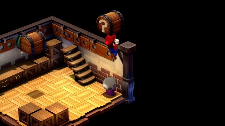 Mario jumping off a toad to hit a block.