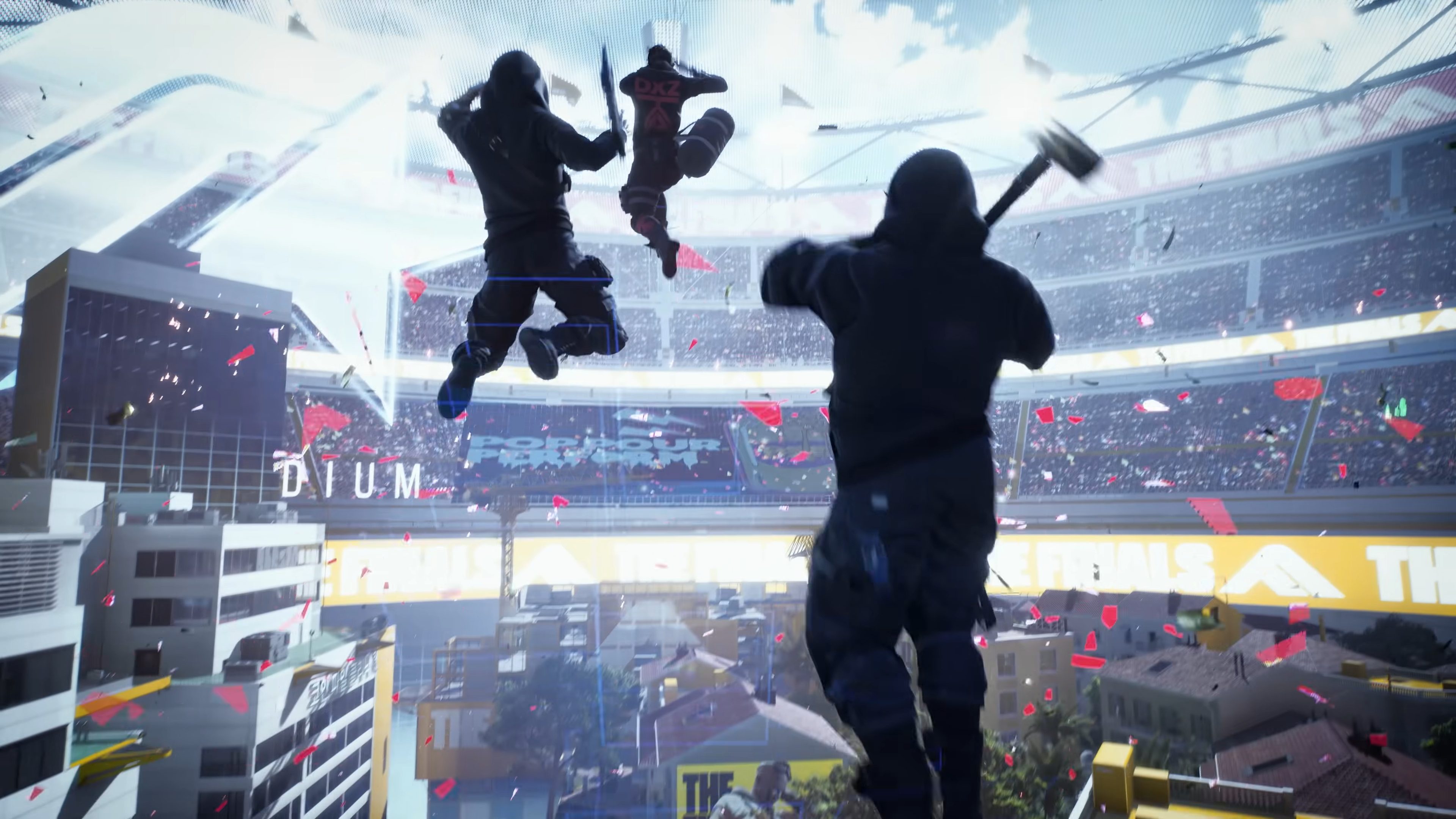 Three contestants jumping into an arena in The Finals.