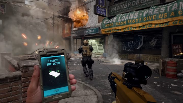 A soldier initiating a lunch with a phone.