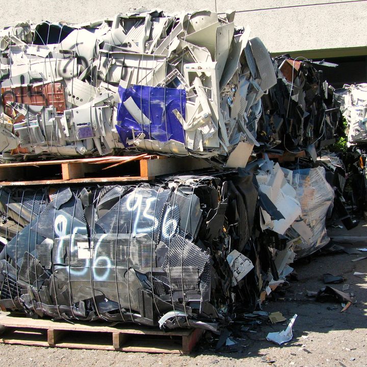 A photo of e-waste bundled and ready for recycling.