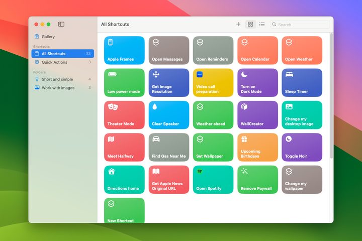 The Shortcuts gallery in Apple's Shortcuts app running on macOS Sonoma.