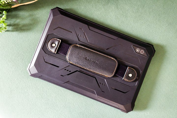 Blackview Active 8 Pro rugged Android tablet in black color with a leather strap.
