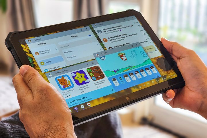 Desktop mode on the Blackview Active 8 Pro rugged Andriod tablet held in hand.