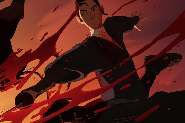 Blood sprays around Mizu in Blue Eye Samurai.