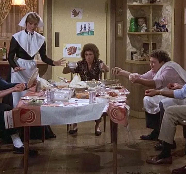 The "Cheers" gang having a food fight on Thanksgiving.