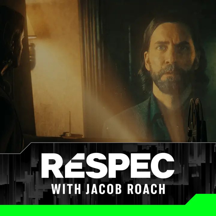 Alan Wake looking at a projection of himself.