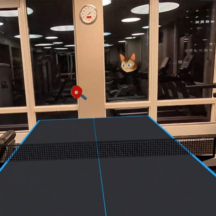 A virtual ping pong table in someone's living room.