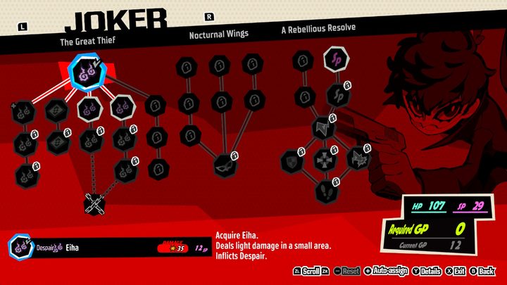 Joker skill tree in Persona 5 Tactica