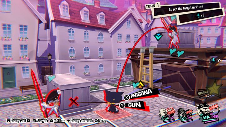 Morgana in Persona 5 Tactica between two Legionnaires