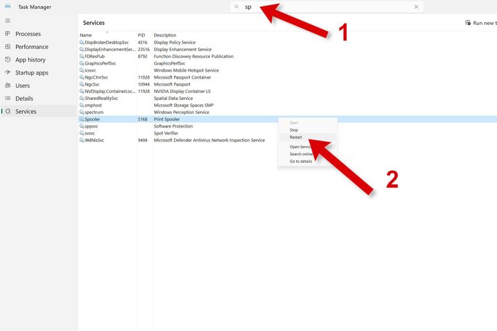 Here's how you restart the Spooler Service in Windows Task Manager