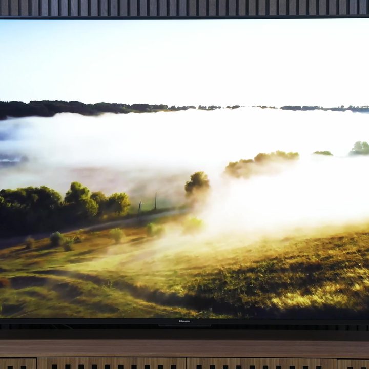 Low-lying fog over a valley shown on a Hisense UX TV.
