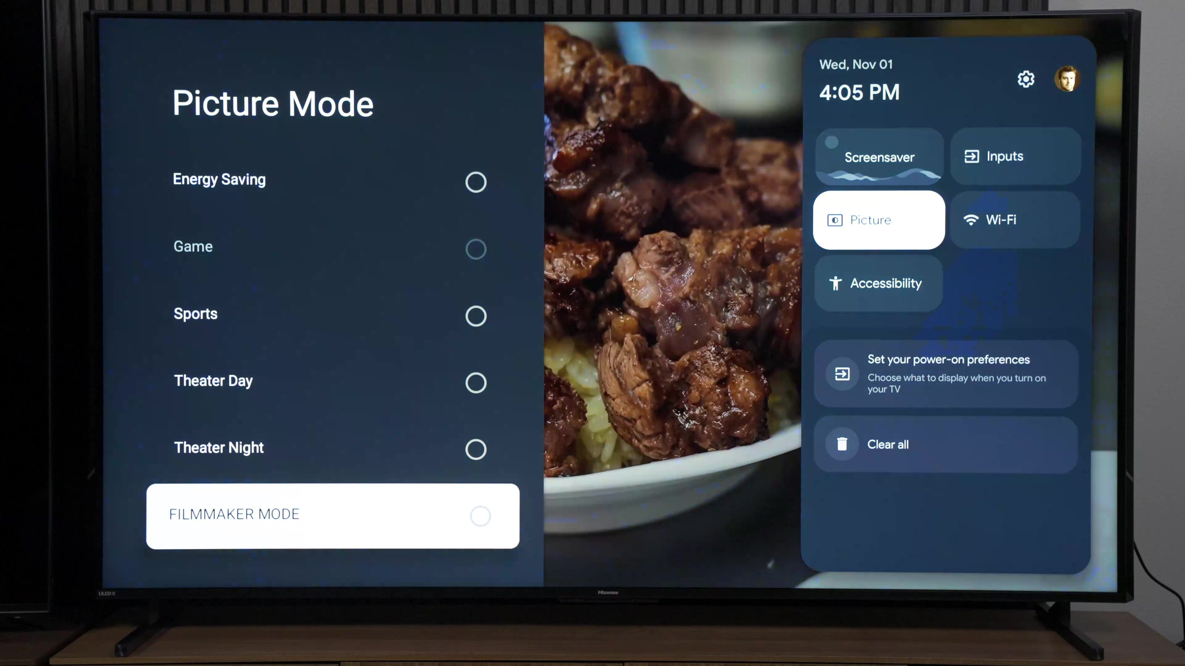 The Picture Mode settings menu on a Hisense UX TV.