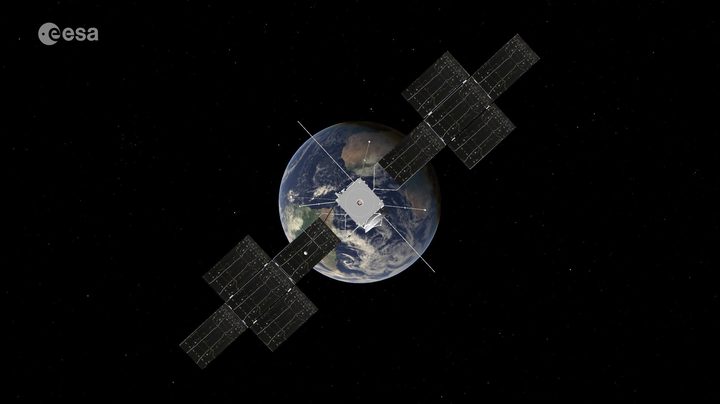 Artist's impression of ESA's Jupiter Icy Moons Explorer (JUICE) approaching Earth.