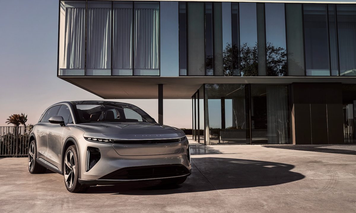 Front three quarter view of a Lucid Gravity electric SUV.